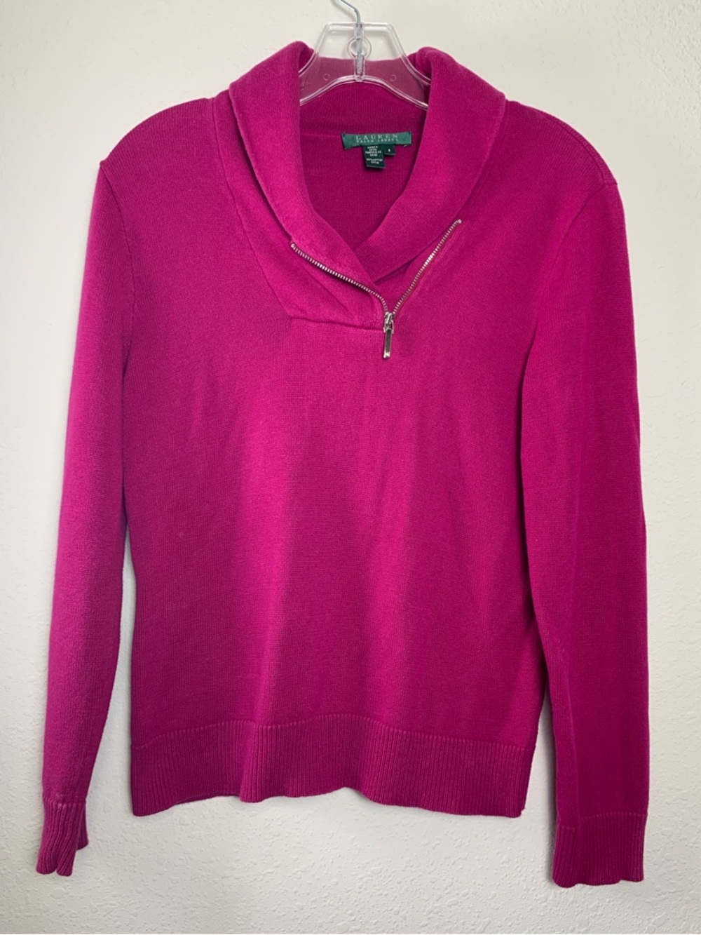 Lauren Ralph Lauren Magenta Pink Cotton Shawl Collar Quarter Zip Sweater S